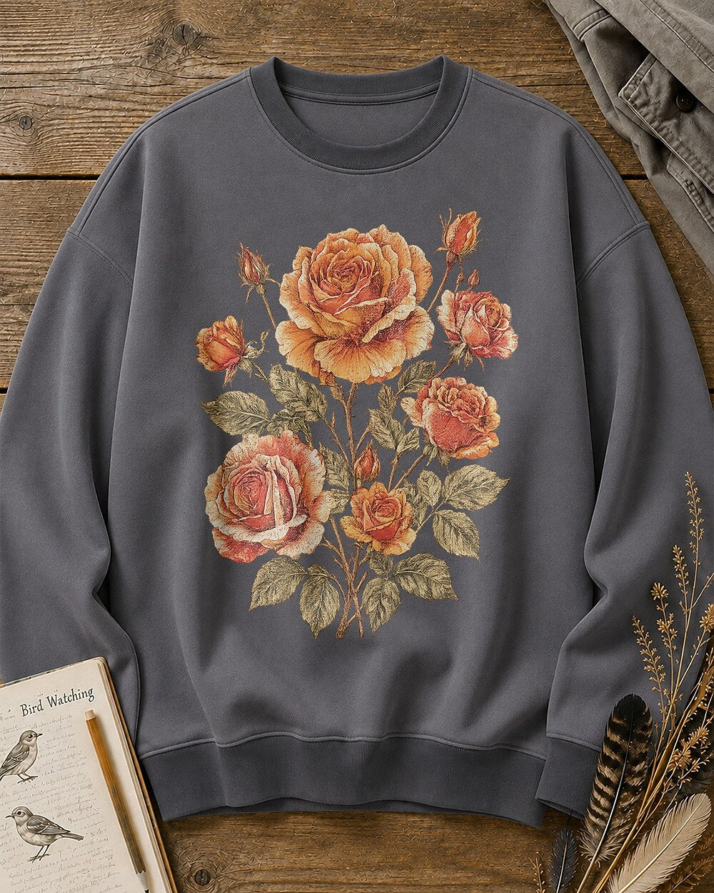 Orange Rose Vintage Botanical Cottage Garden Sweatshirt