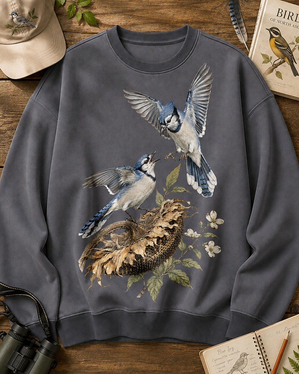 Blue Jay Pair Sunflower Country Garden Sweatshirt