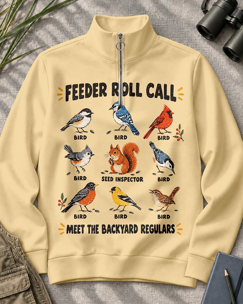 Backyard Birds Squirrel Feeder Roll Call UPF50+ Spandex Quarter-Zip Stretch Sweatshirt