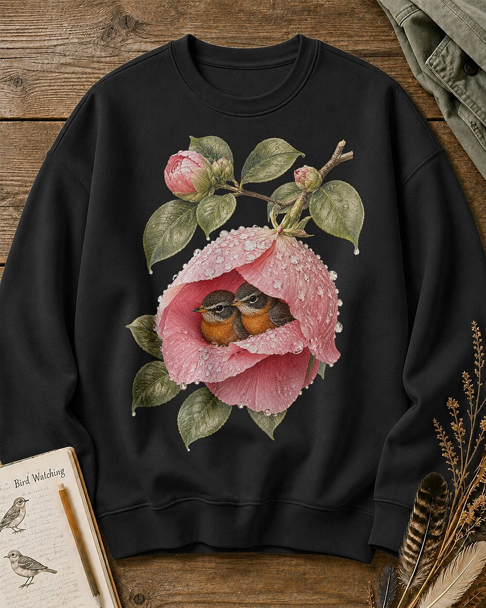 American Robin Nesting Rose Flower Birdwatching Sweatshirt