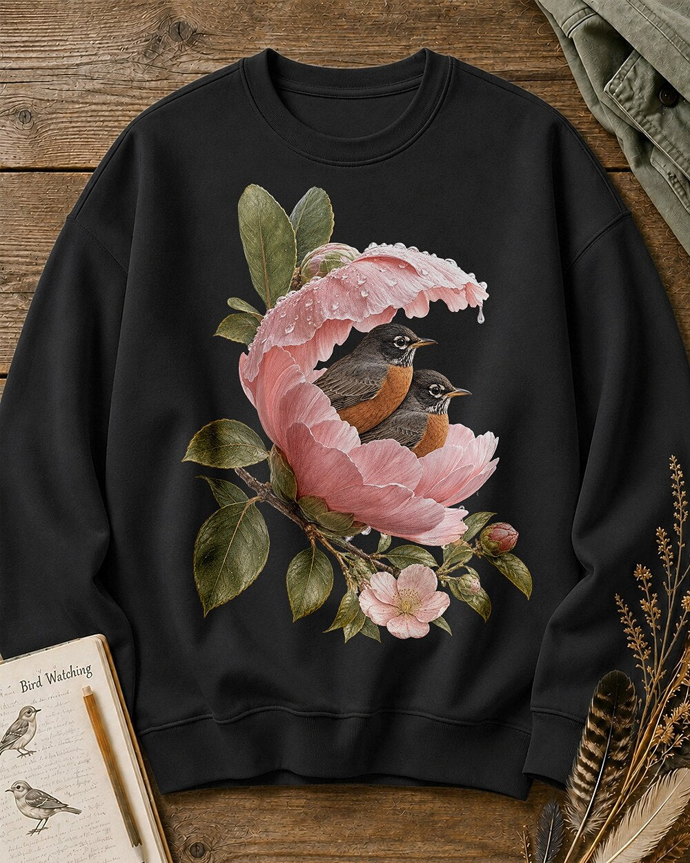 American Robin Pair Rose Blossom Birdwatching Sweatshirt