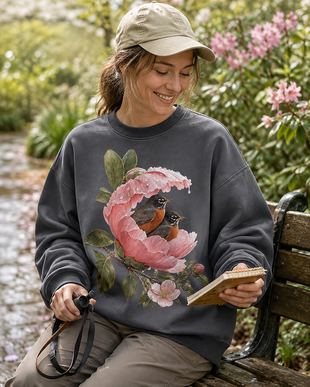 American Robin Pair Rose Blossom Birdwatching Sweatshirt