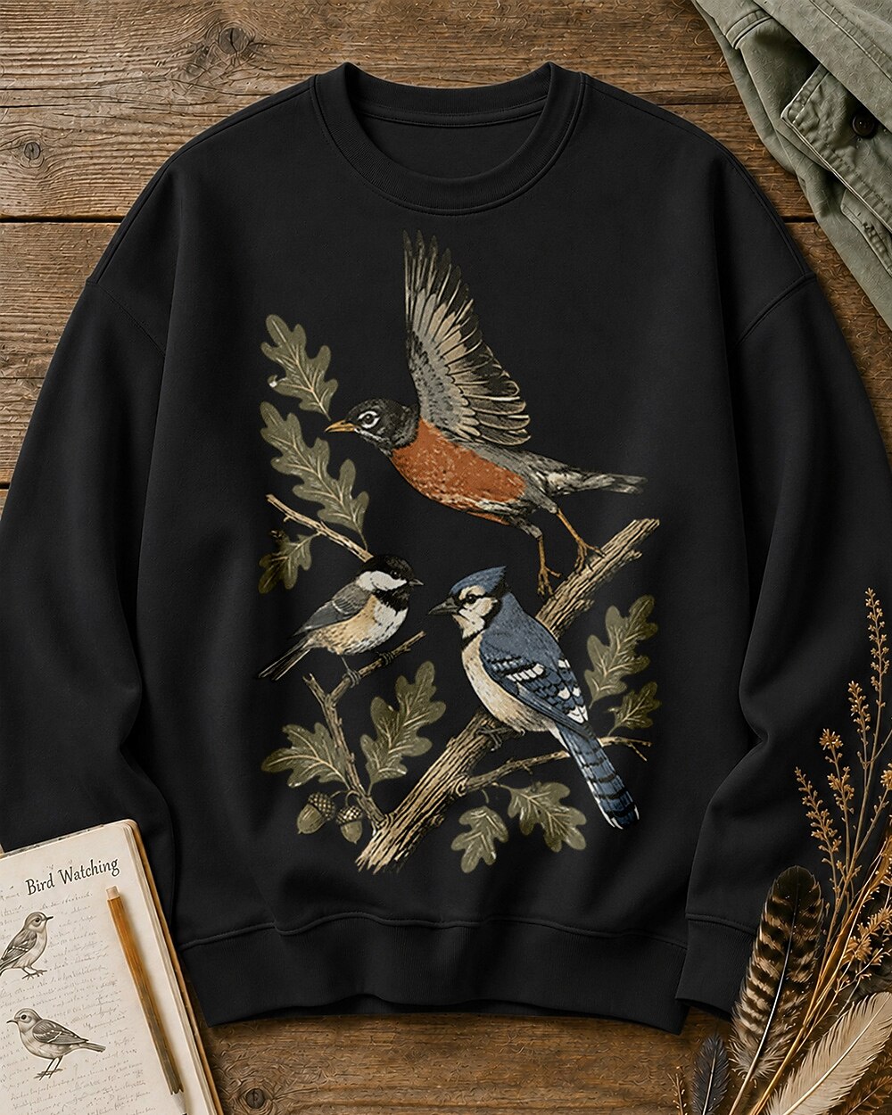 American Robin Chickadee Blue Jay Woodland Birdwatching Sweatshirt