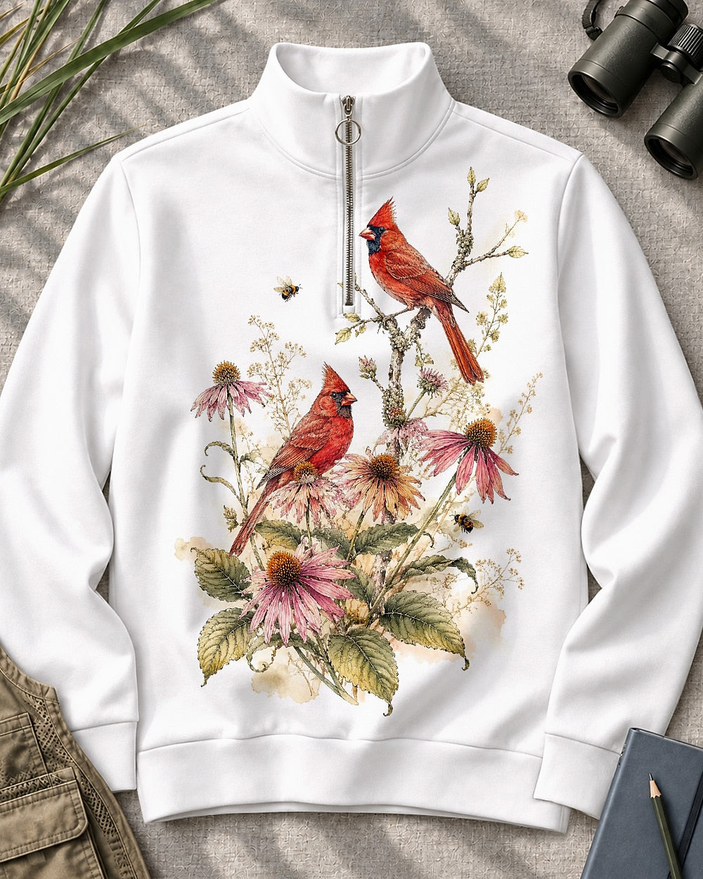 Northern Cardinal Coneflower Garden UPF50+ Spandex Quarter-Zip Stretch Sweatshirt