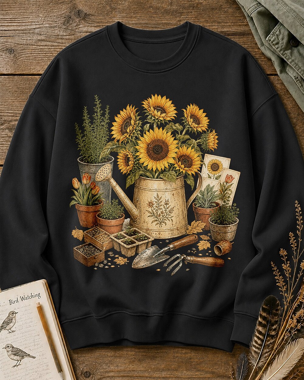 Sunflower Watering Can Cottage Garden Tools Sweatshirt