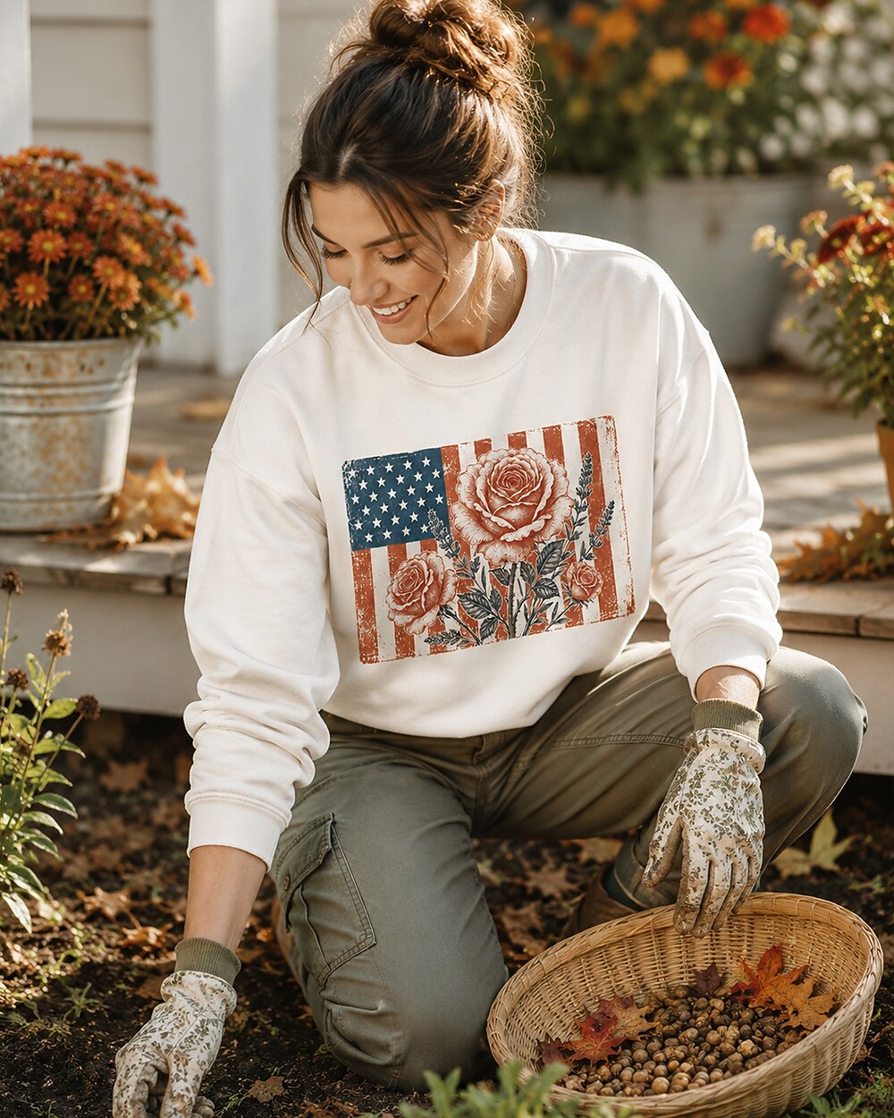American Flag Rose Vintage Botanical Garden Sweatshirt