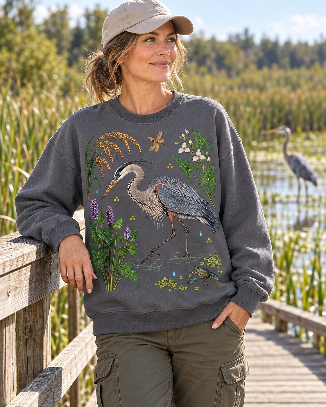 Great Blue Heron Wetland Grasses Wildflower Bird Watching Sweatshirt