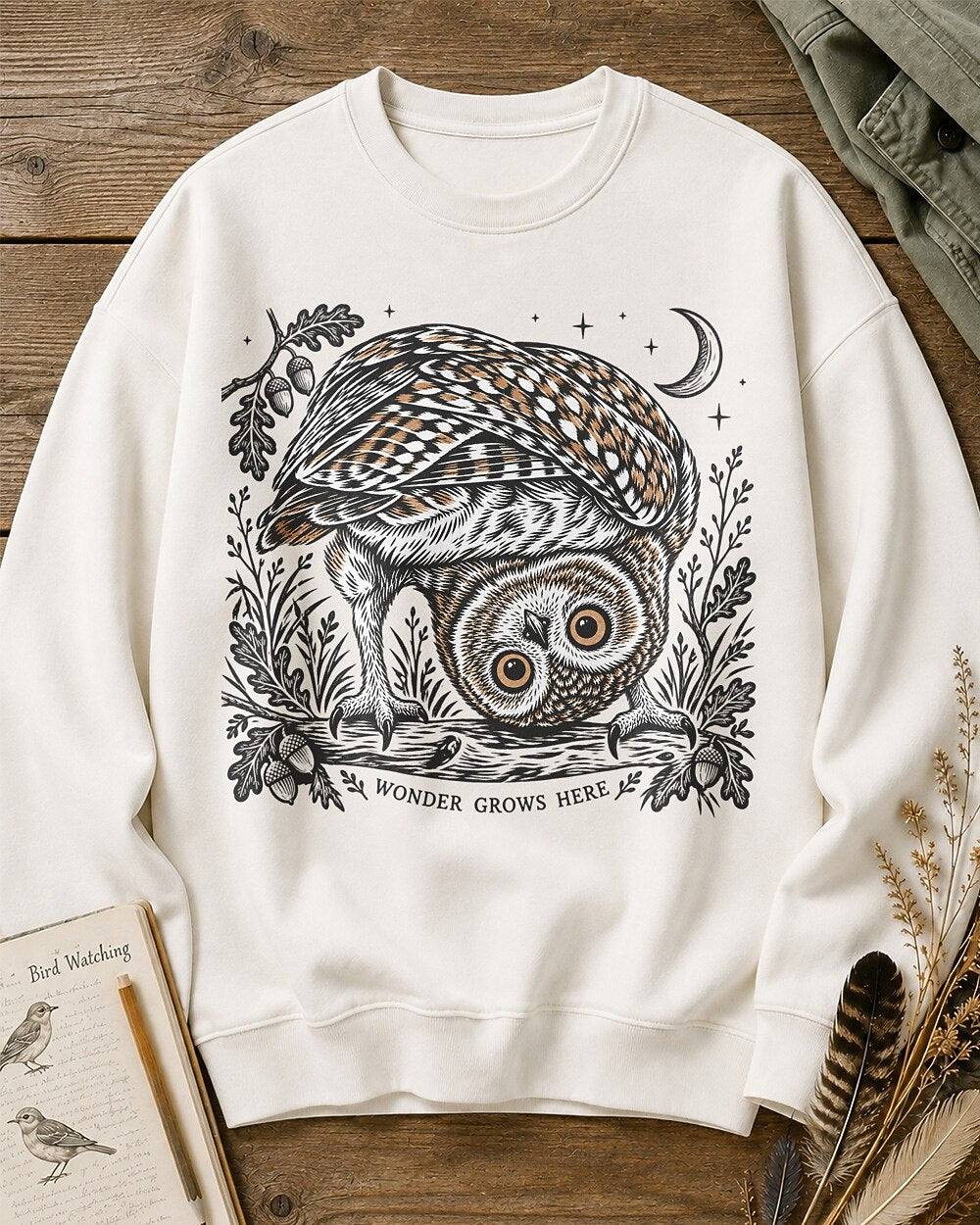 Owl Moonlit Oak Branch Night Bird Watching Sweatshirt