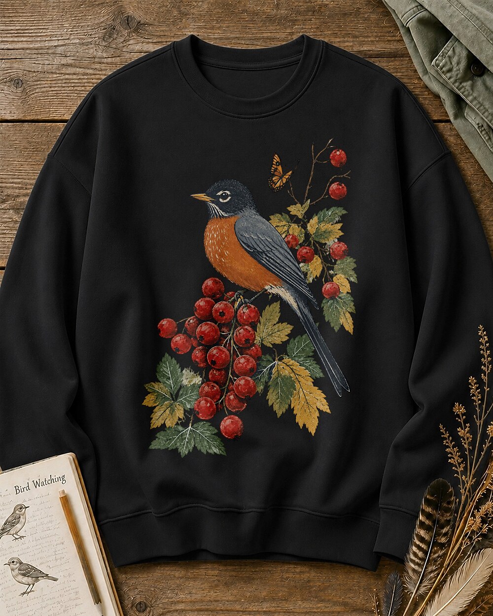 American Robin Red Currant Autumn Birdwatching Sweatshirt