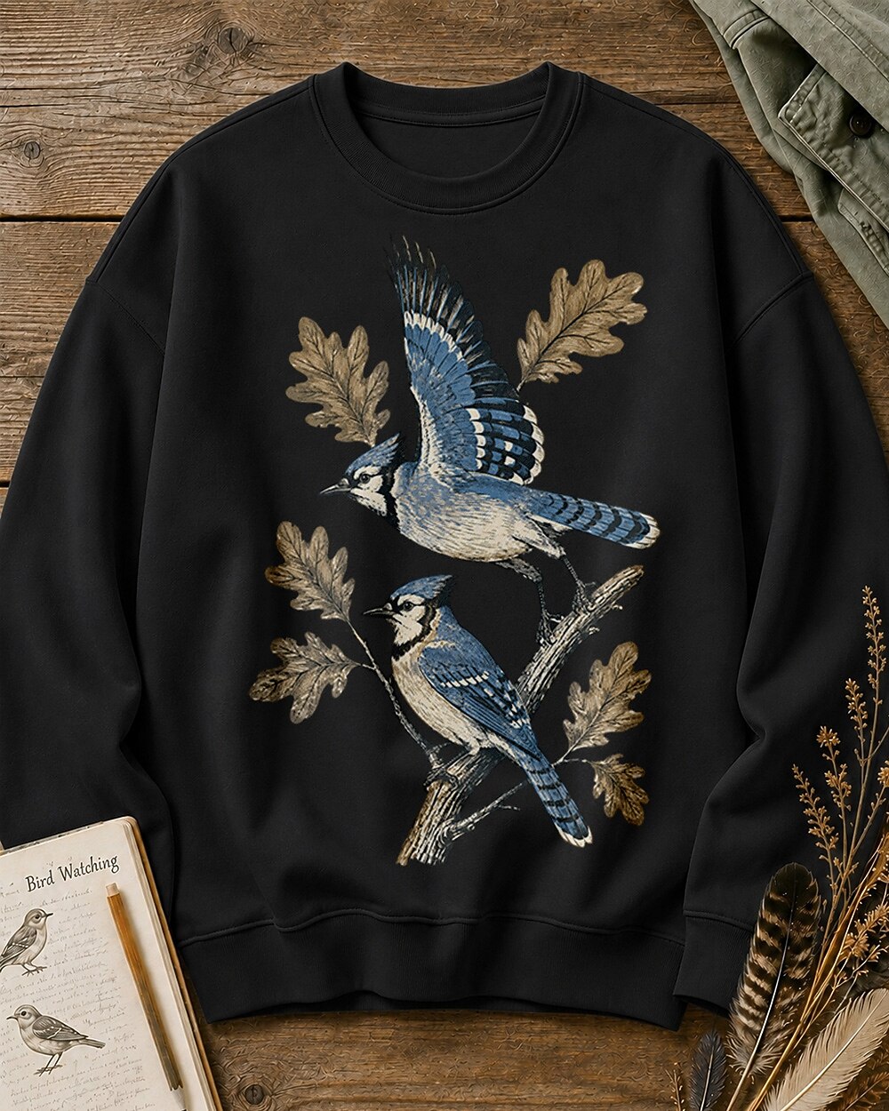 Blue Jay Pair Oak Branch Birdwatching Sweatshirt