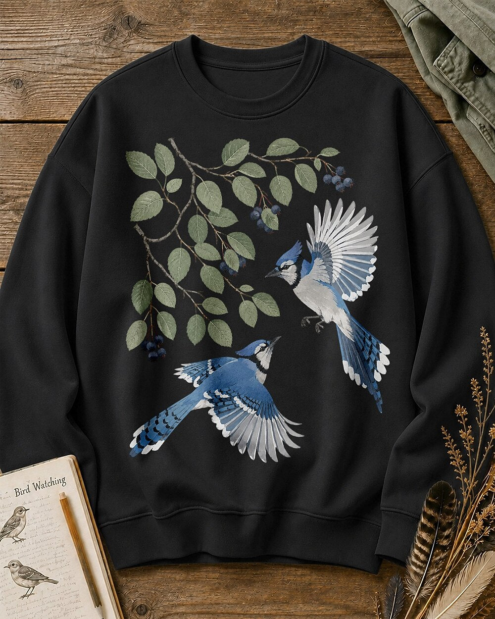 Blue Jay Pair Blueberry Branch Backyard Bird Watching Sweatshirt