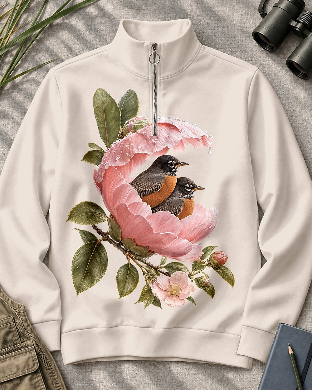 American Robin Peony Floral UPF50+ Spandex Quarter-Zip Stretch Sweatshirt