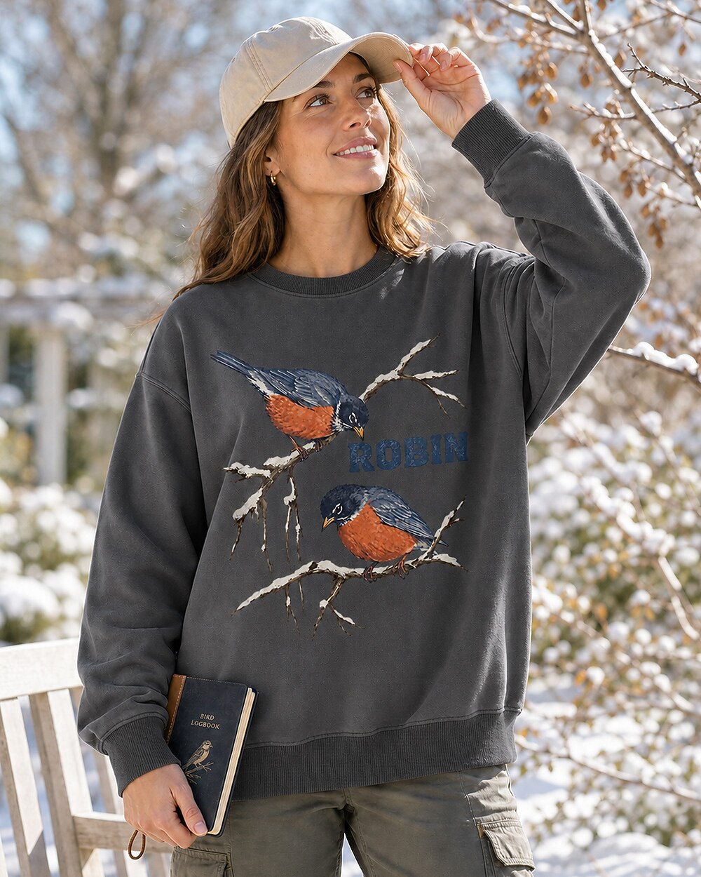 American Robin Pair Snowy Branch Winter Sweatshirt