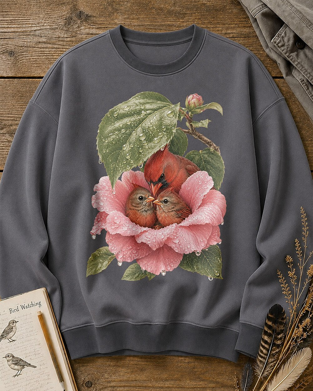 Northern Cardinal Nesting Rose Flower Birdwatching Sweatshirt