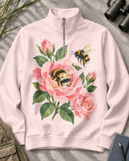 Peony Bees Floral Quarter-Zip Stretch Sweatshirt Spandex UPF50+