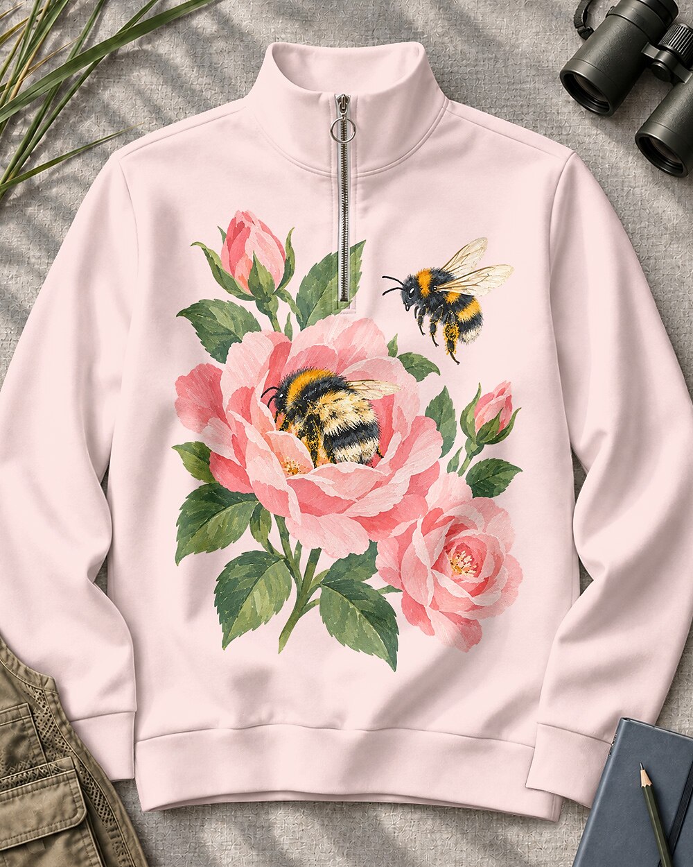 Peony Bees Floral Quarter-Zip Stretch Sweatshirt Spandex UPF50+