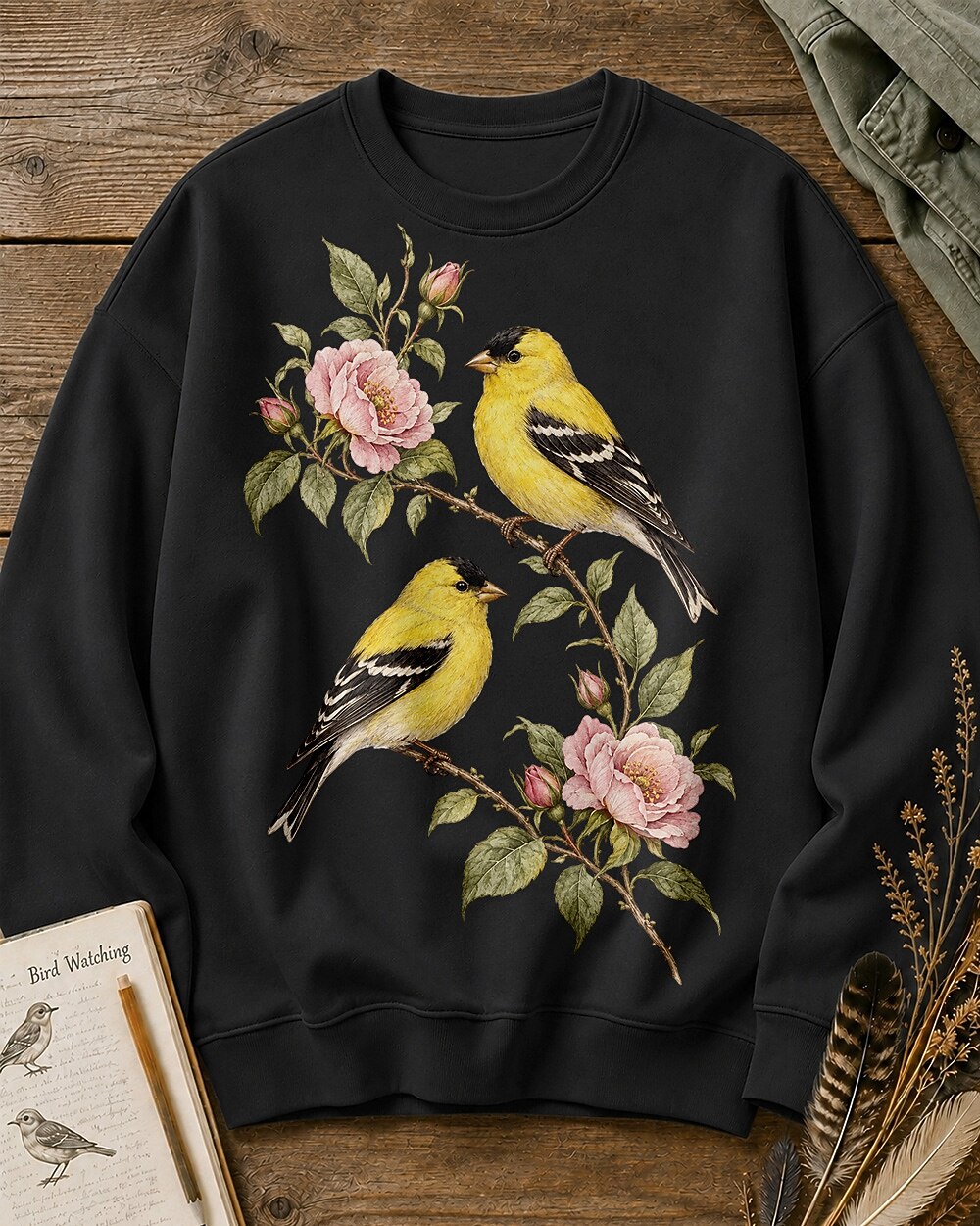 American Goldfinch Pair Rose Blossom Backyard Bird Watching Sweatshirt