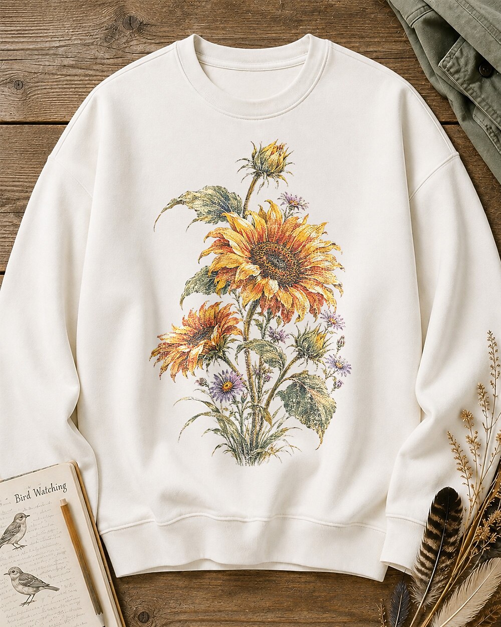 Sunflower Purple Aster Vintage Botanical Garden Sweatshirt