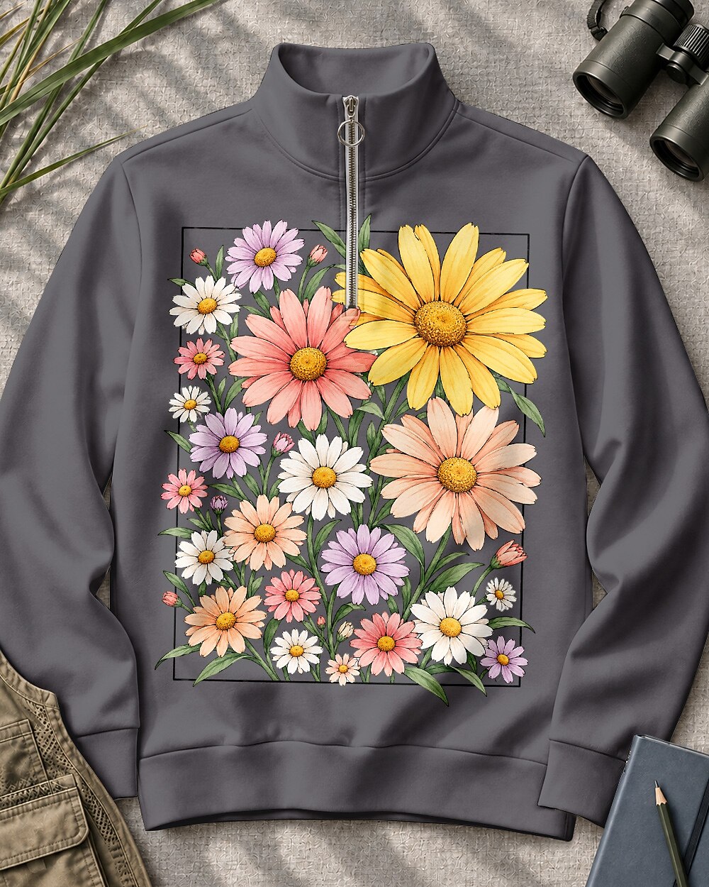 Colorful Daisy Floral Quarter-Zip Stretch Sweatshirt Spandex UPF50+