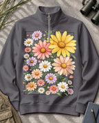 Colorful Daisy Floral Quarter-Zip Stretch Sweatshirt Spandex UPF50+