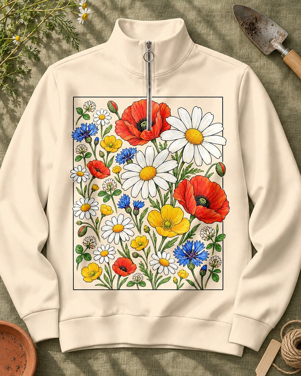 Wildflower Poppy Daisy Quarter-Zip Stretch Sweatshirt Spandex UPF50+