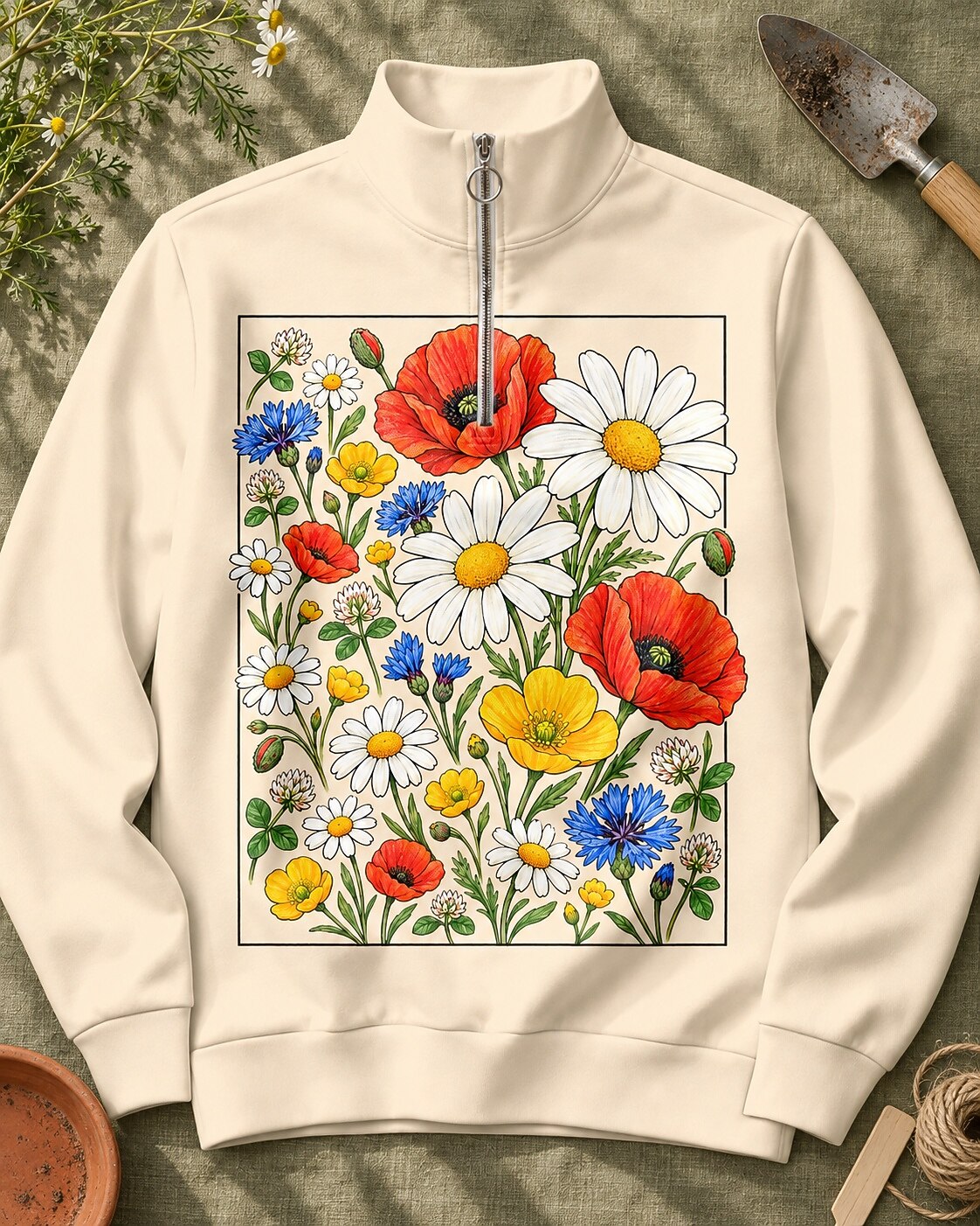 Wildflower Poppy Daisy Quarter-Zip Stretch Sweatshirt Spandex UPF50+