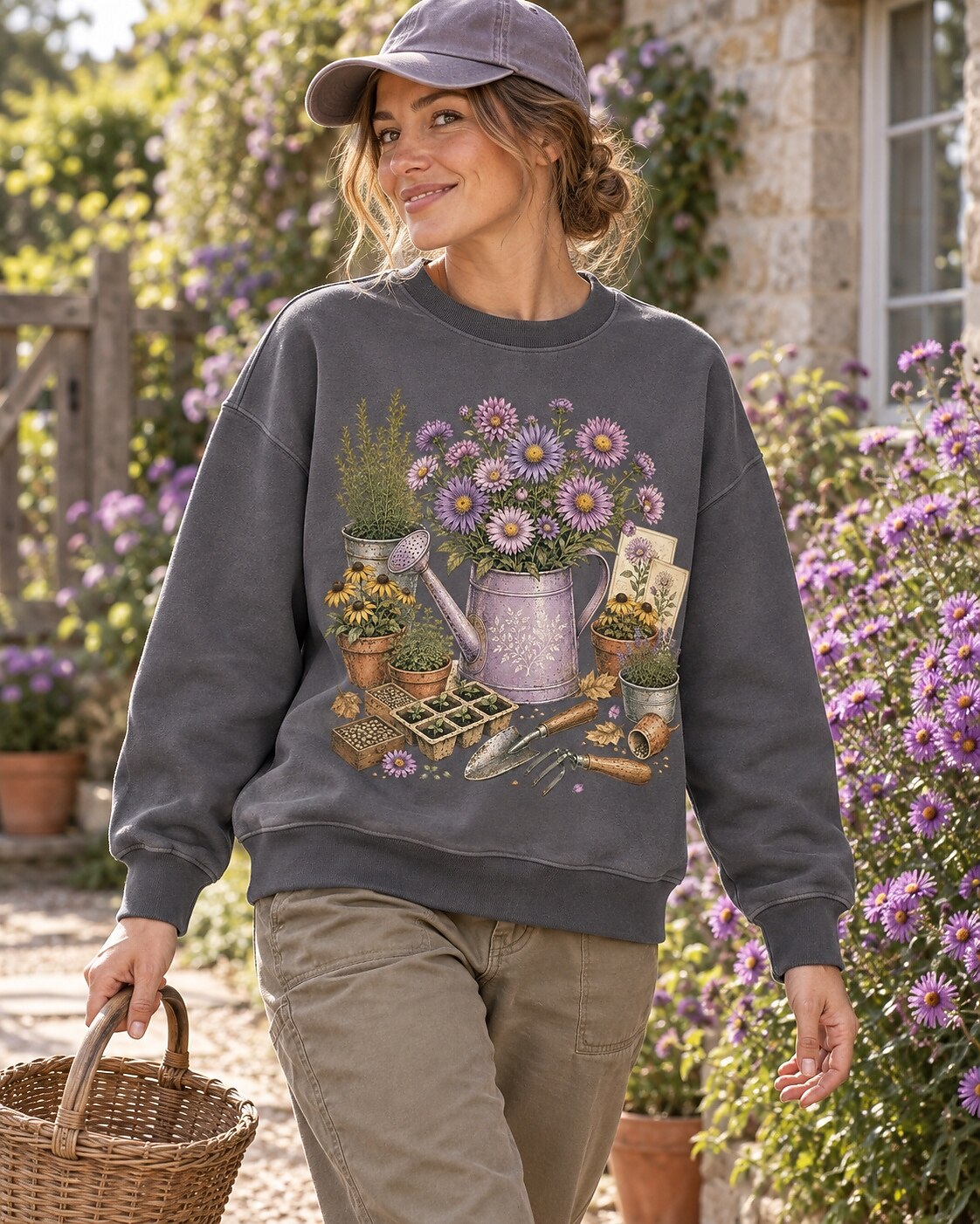 Purple Aster Black Eyed Susan Watering Can Garden Sweatshirt