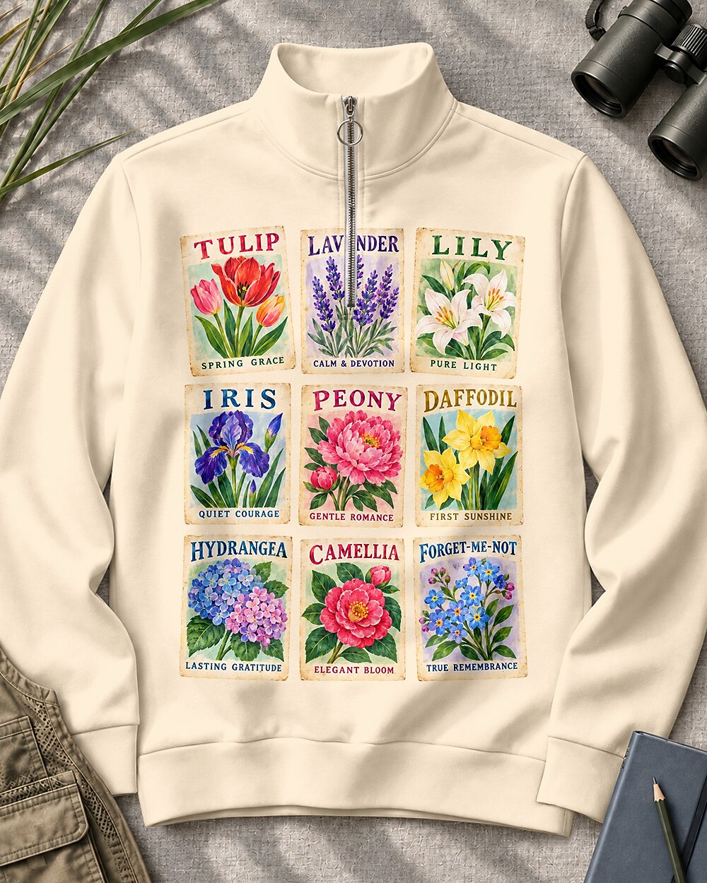 Botanical Flower Cards Quarter-Zip Stretch Sweatshirt Spandex UPF50+