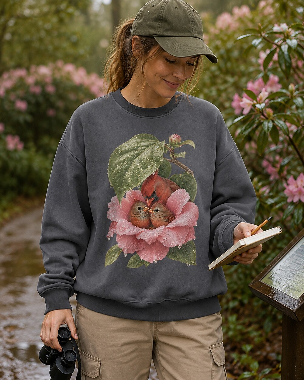 Northern Cardinal Nesting Rose Flower Birdwatching Sweatshirt