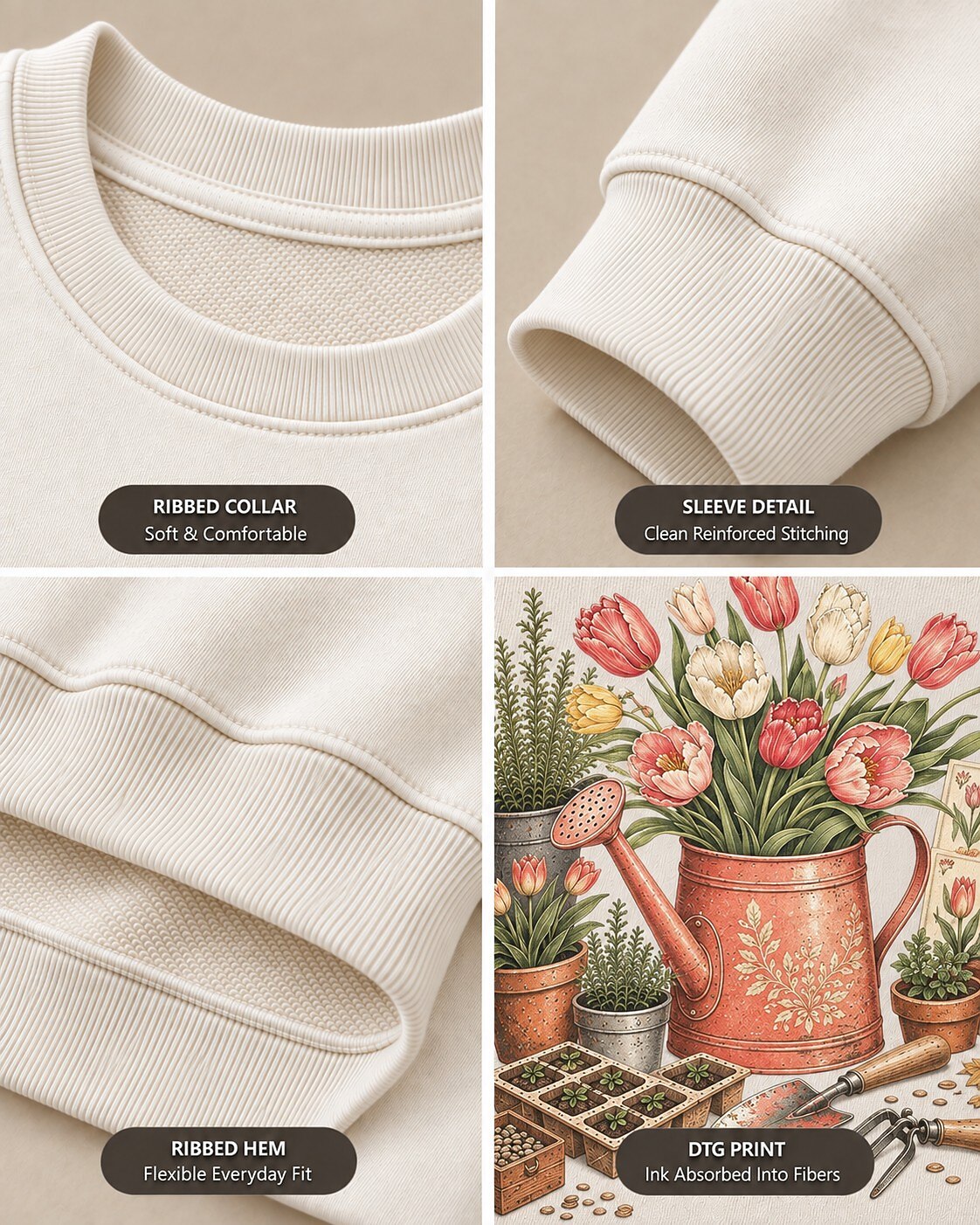 Tulip Watering Can Cottage Garden Floral Sweatshirt