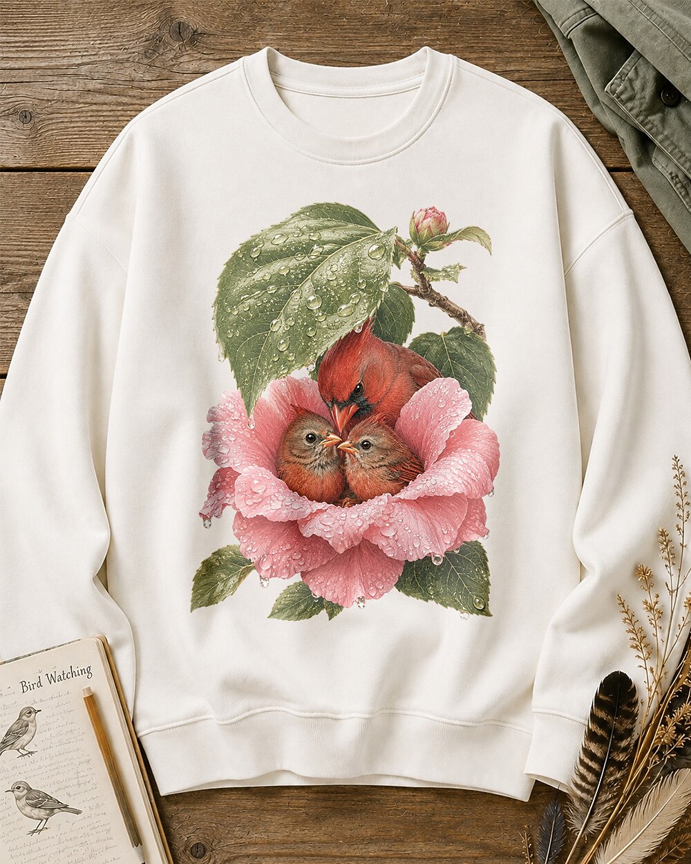 Northern Cardinal Nesting Rose Flower Birdwatching Sweatshirt