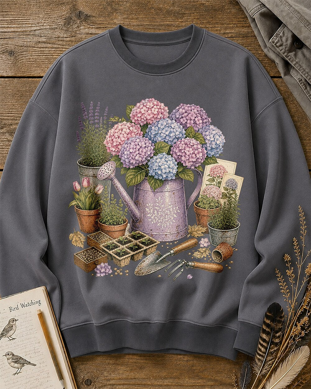 Hydrangea Watering Can Cottage Garden Floral Sweatshirt