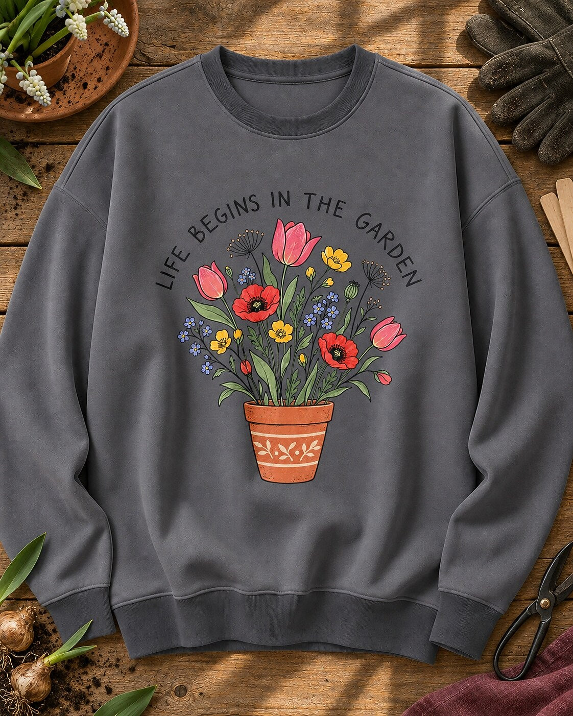 Tulip Poppy Colorful Wildflower Pot Garden Sweatshirt