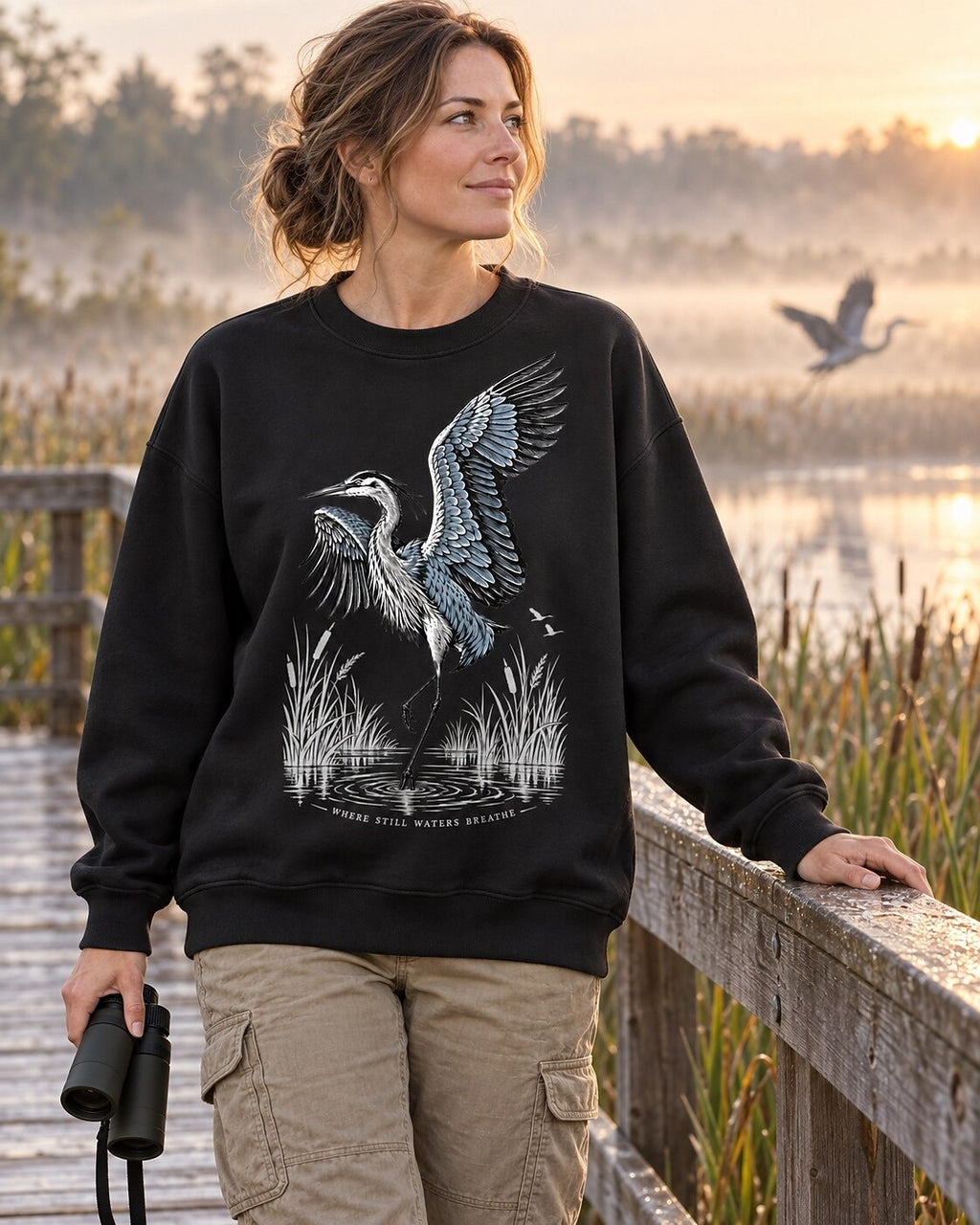 Great Blue Heron Water Reflection Wetland Bird Watching Sweatshirt