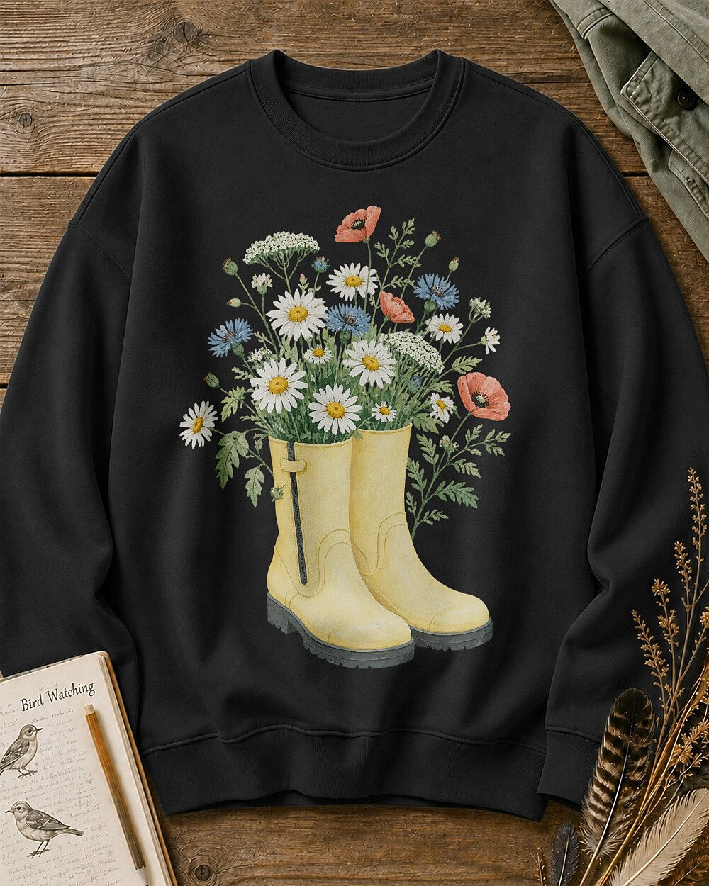 Wildflower Bouquet Rain Boots Cottage Garden Sweatshirt