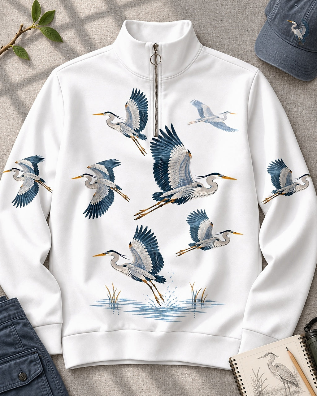 Flying Great Blue Herons UPF50+ Spandex Quarter-Zip Stretch Sweatshirt