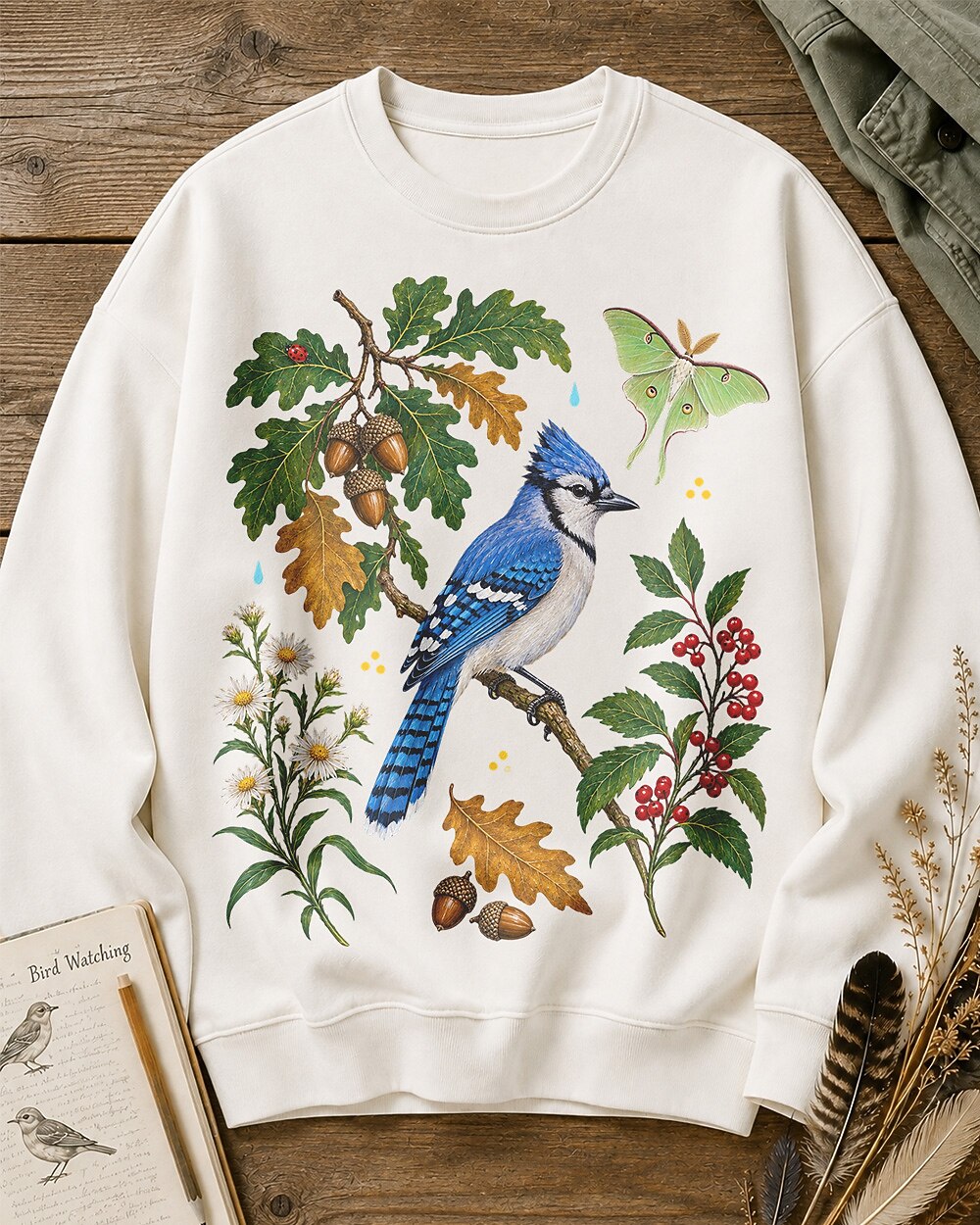 Blue Jay Oak Acorn Holly Berry Bird Watching Sweatshirt