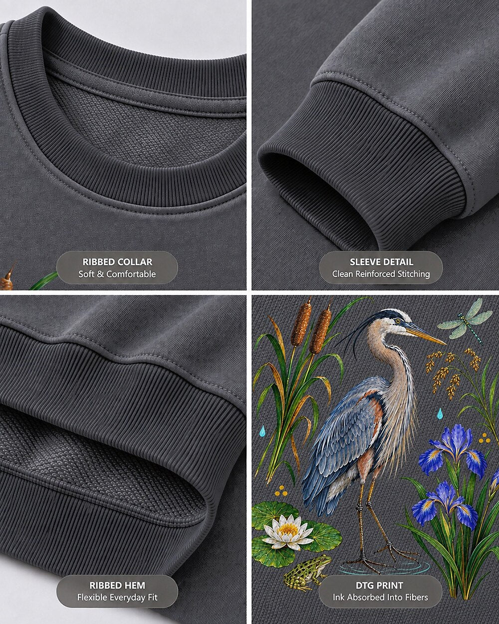 Great Blue Heron Cattails Iris Water Lily Bird Watching Sweatshirt