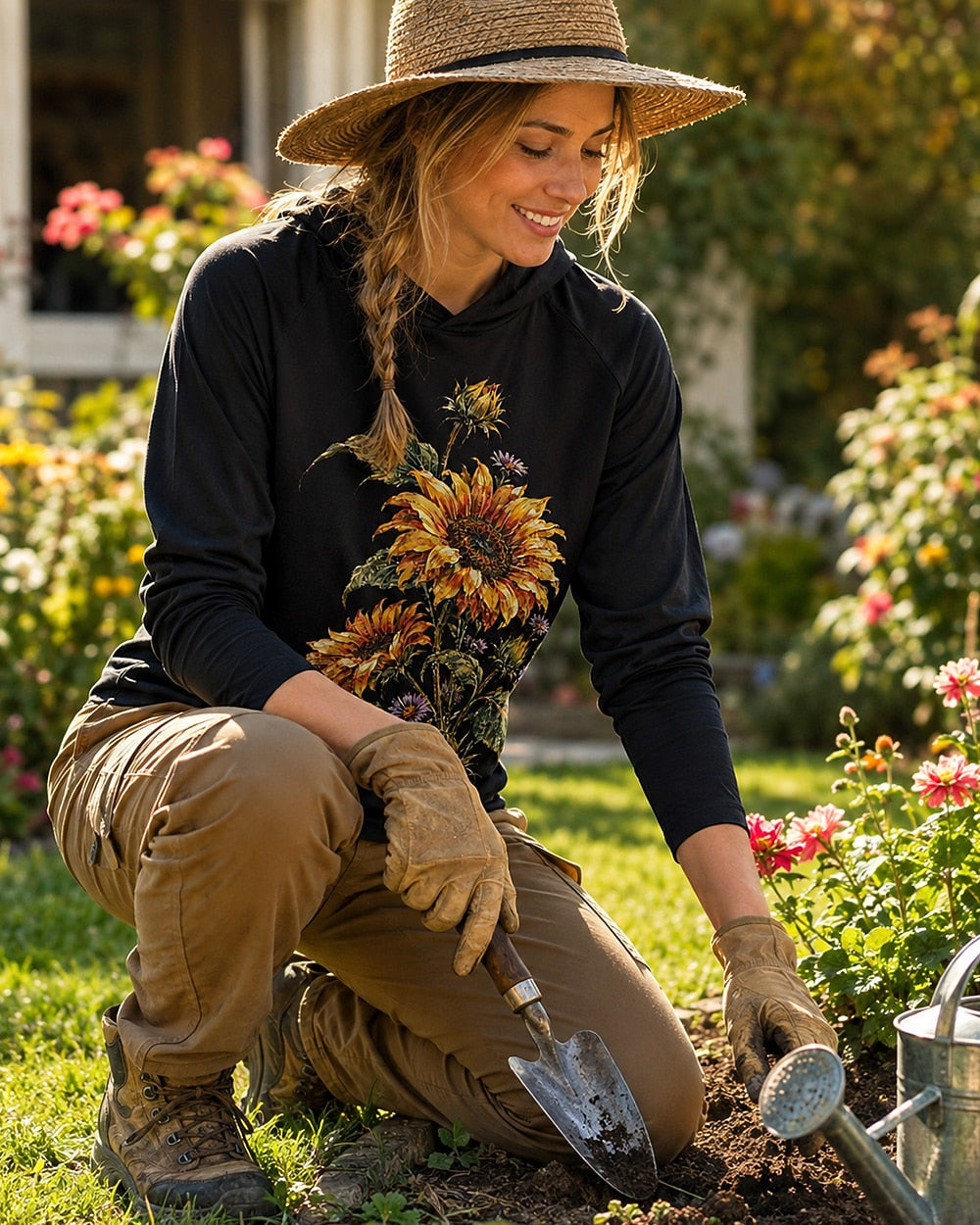 UPF 50+ Sunflower Aster Vintage Garden Sun Hoodie for garden and nature lovers – product image 2