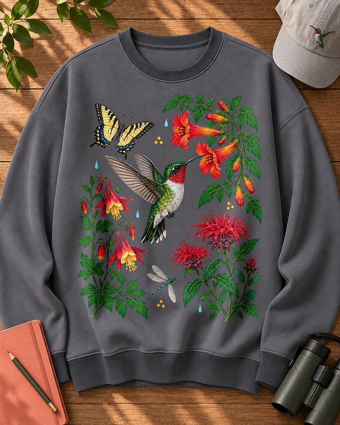 Ruby Throated Hummingbird Wildflower Garden Bird Watching Sweatshirt