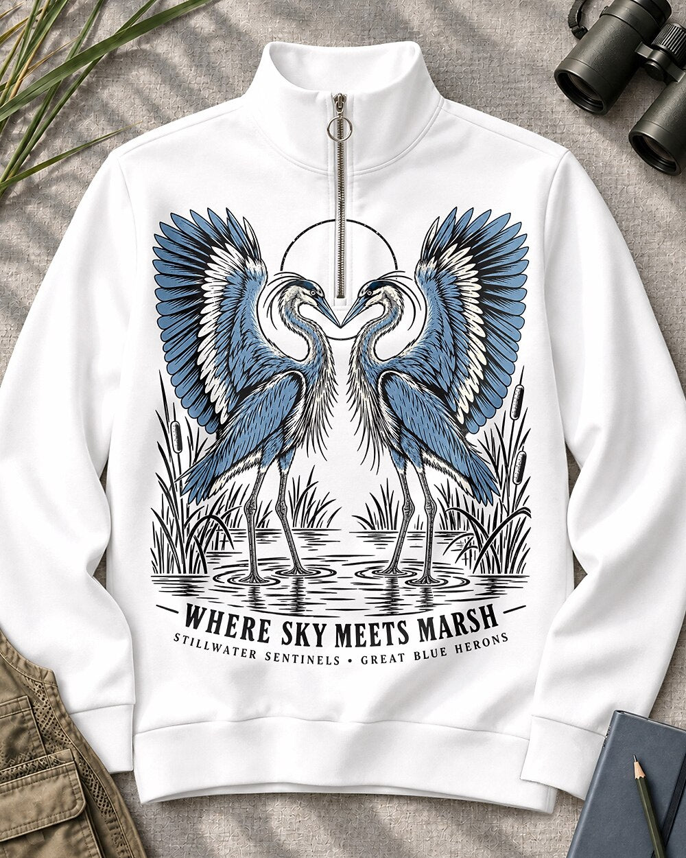 Great Blue Heron Pair Birdwatching Quarter-Zip Stretch Sweatshirt Spandex UPF50+