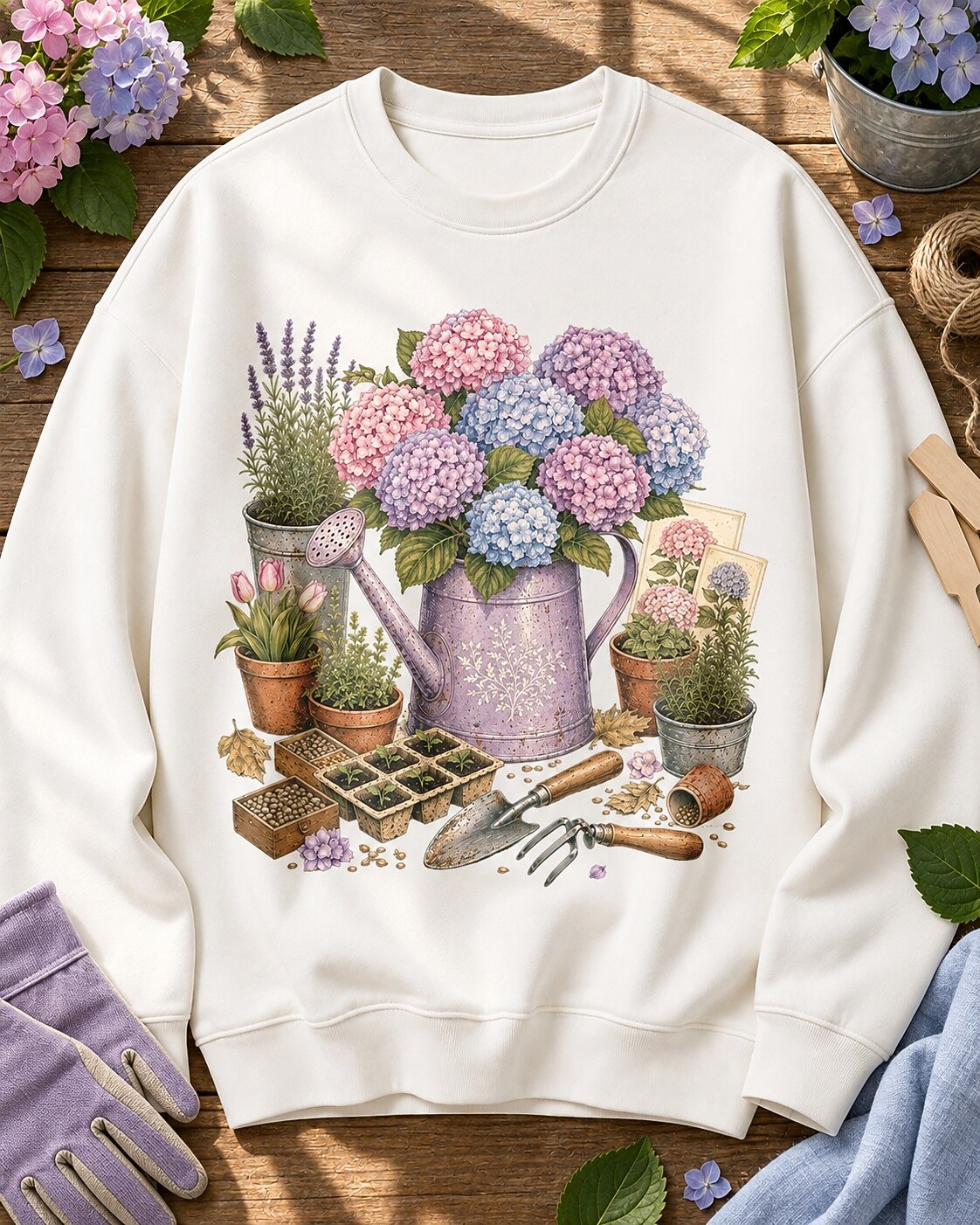 Hydrangea Watering Can Cottage Garden Floral Sweatshirt