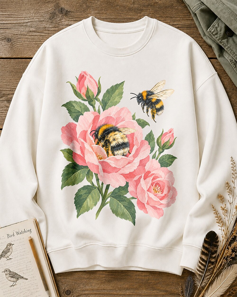 Rose Bee Garden Floral Botanical Graphic Sweatshirt