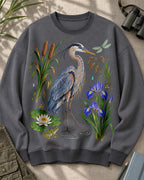 Great Blue Heron Cattails Iris Water Lily Bird Watching Sweatshirt