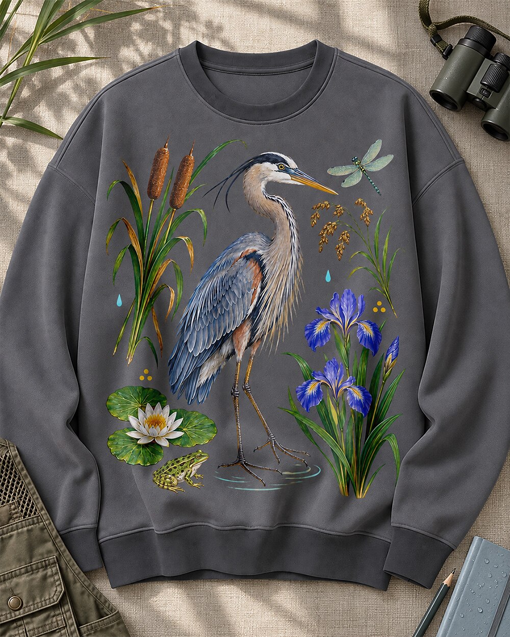 Great Blue Heron Cattails Iris Water Lily Bird Watching Sweatshirt