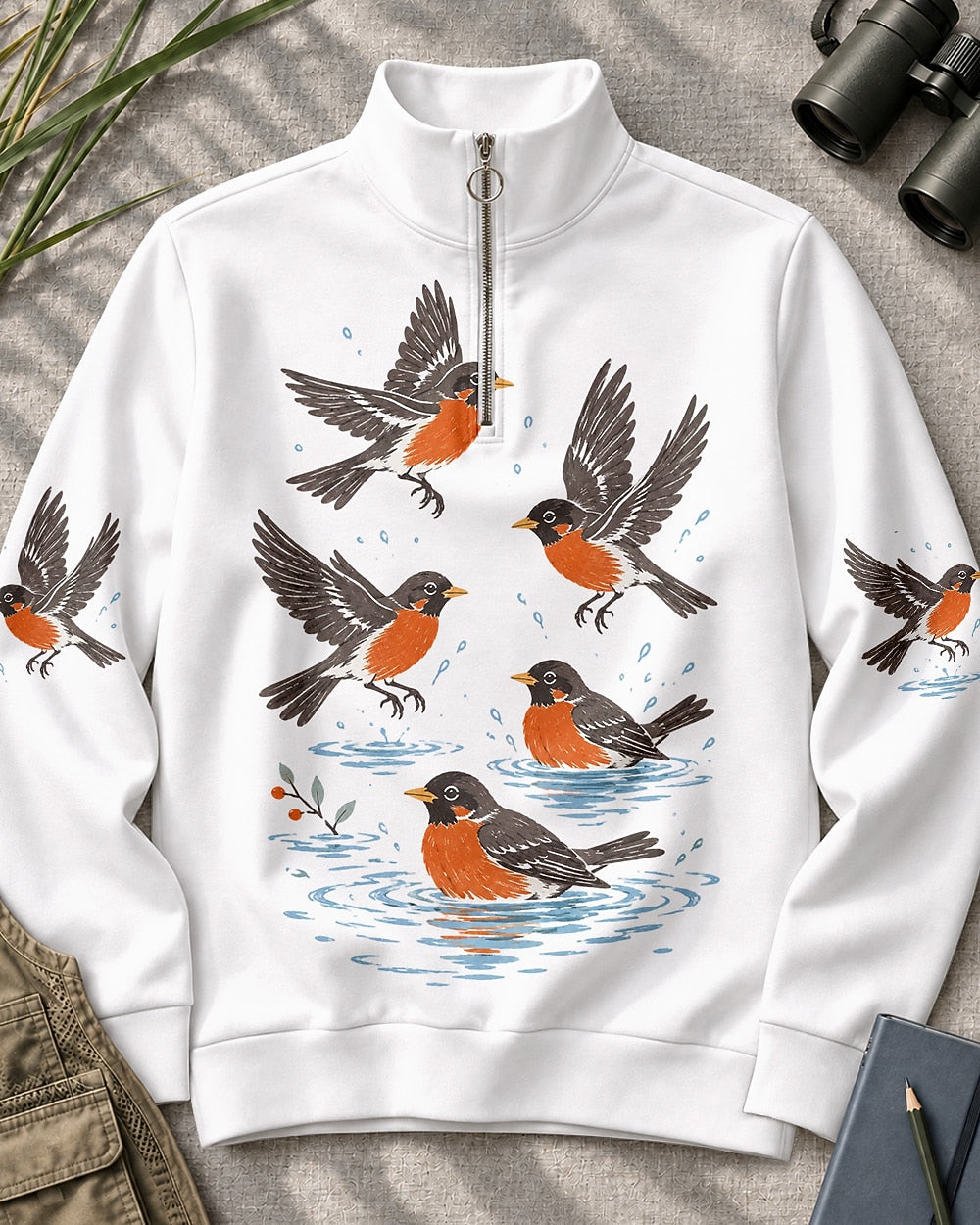 American Robin Bird Bath UPF50+ Spandex Quarter-Zip Stretch Sweatshirt