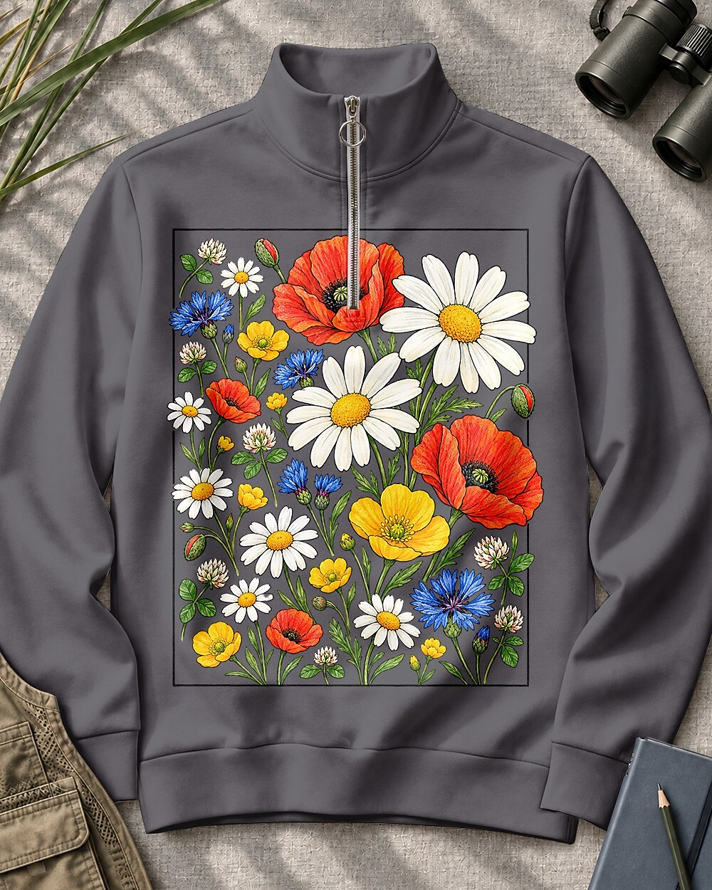 Wildflower Poppy Daisy Quarter-Zip Stretch Sweatshirt Spandex UPF50+