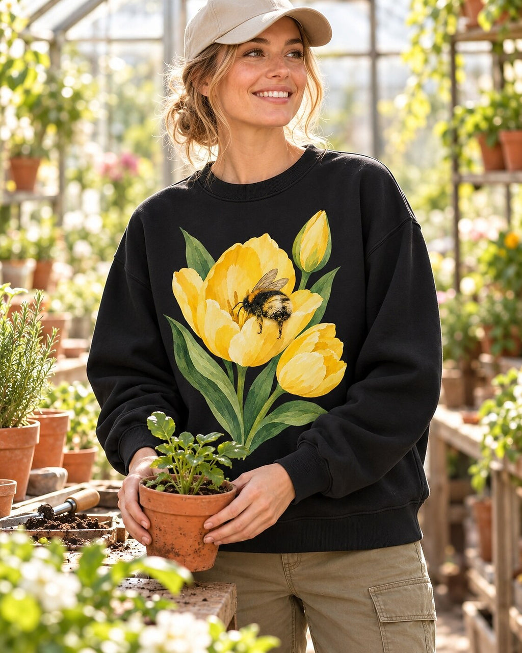 Tulip Bee Garden Vintage Floral Graphic Sweatshirt