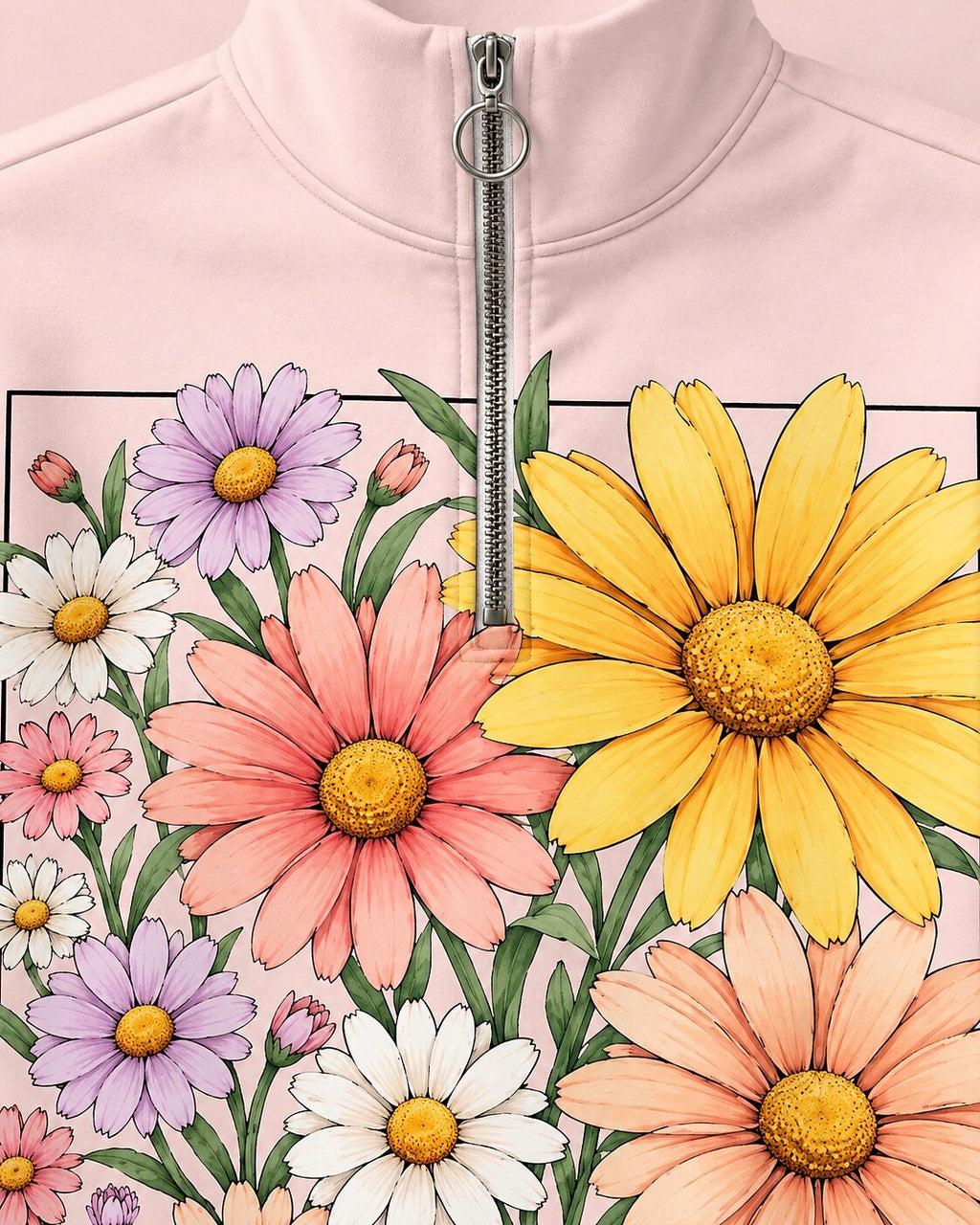 Colorful Daisy Floral Quarter-Zip Stretch Sweatshirt Spandex UPF50+
