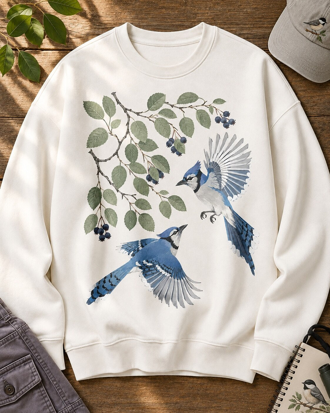 Blue Jay Pair Blueberry Branch Backyard Bird Watching Sweatshirt